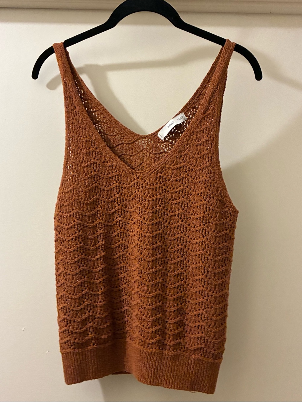Mango Crochet V-Neck Tank Top in Rust Brown